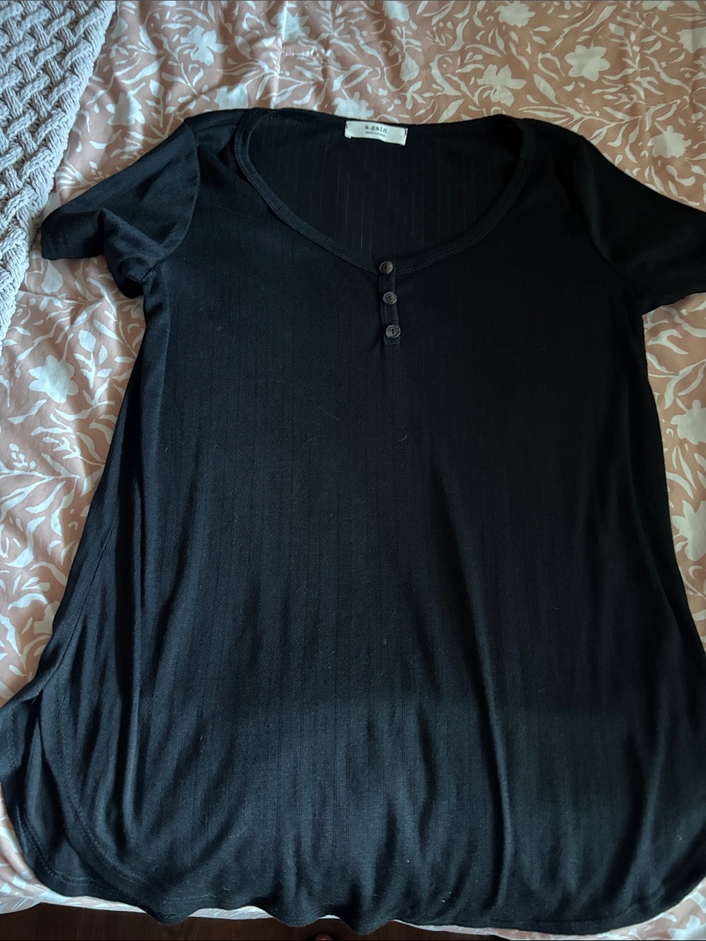 Black Short Sleeve Henley Tee with Button Placket